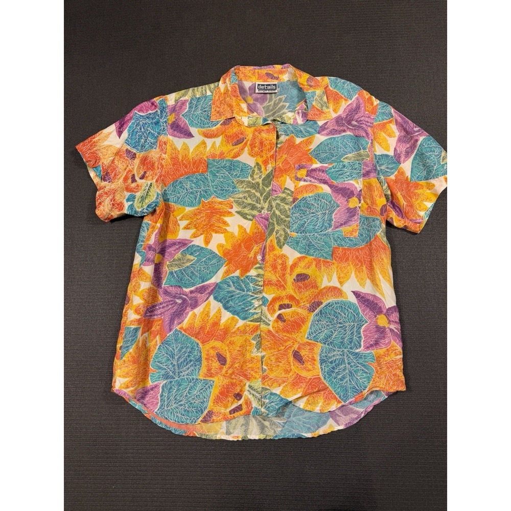 Vintage Rare Floral Silk Button Front Shirt Men Medium Short Sleeve 90s Party